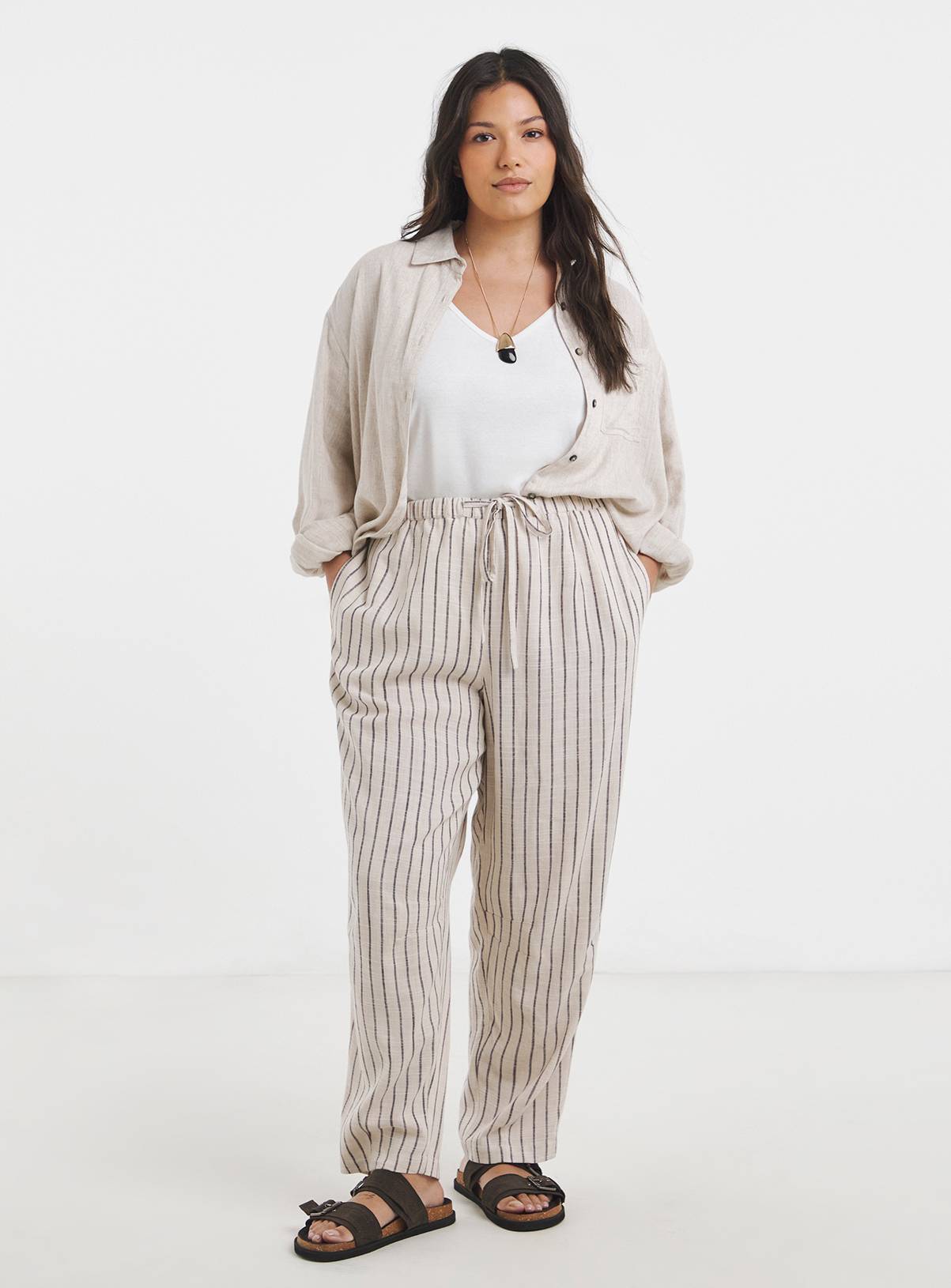 SIMPLY BE Neutral Stripe Barrel Trouser With Linen 14 - Image 3